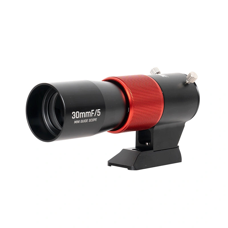 ZWO 30mm f/5 Mini Guide Scope angled view showing helical focuser and ZWO logo