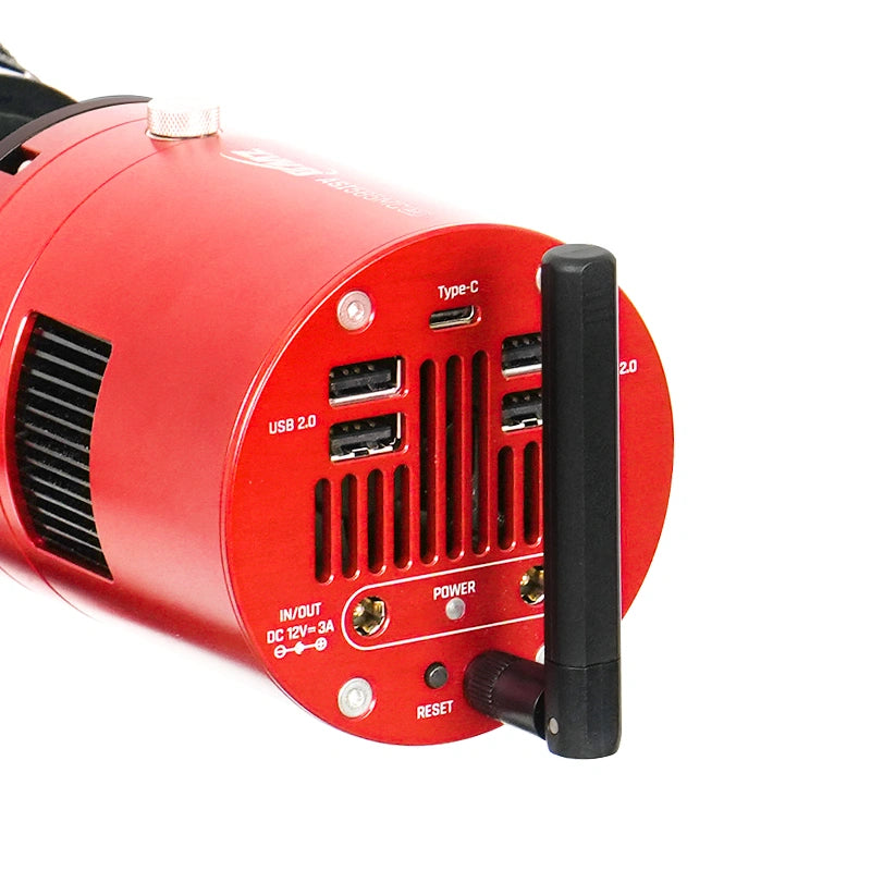 ZWO ASI585MC Air side angle showing antenna and cooling vents