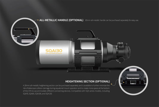 Askar SQA130 astrograph displaying optional all-metal handle and heightening section with close-up inserts on a dark background.
