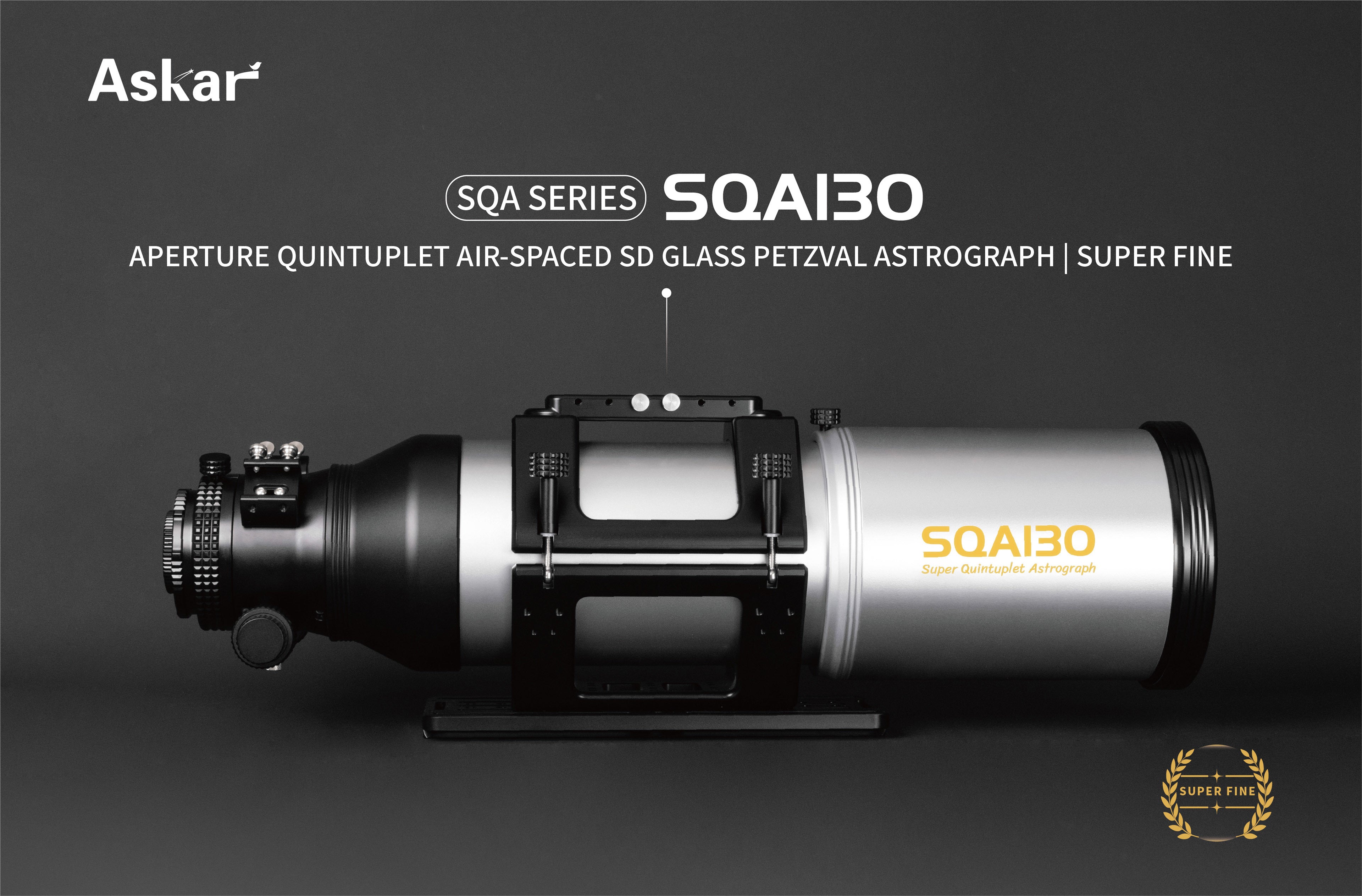 Askar SQA130 quintuplet SD glass Petzval astrograph displayed on a dark background with product branding.
