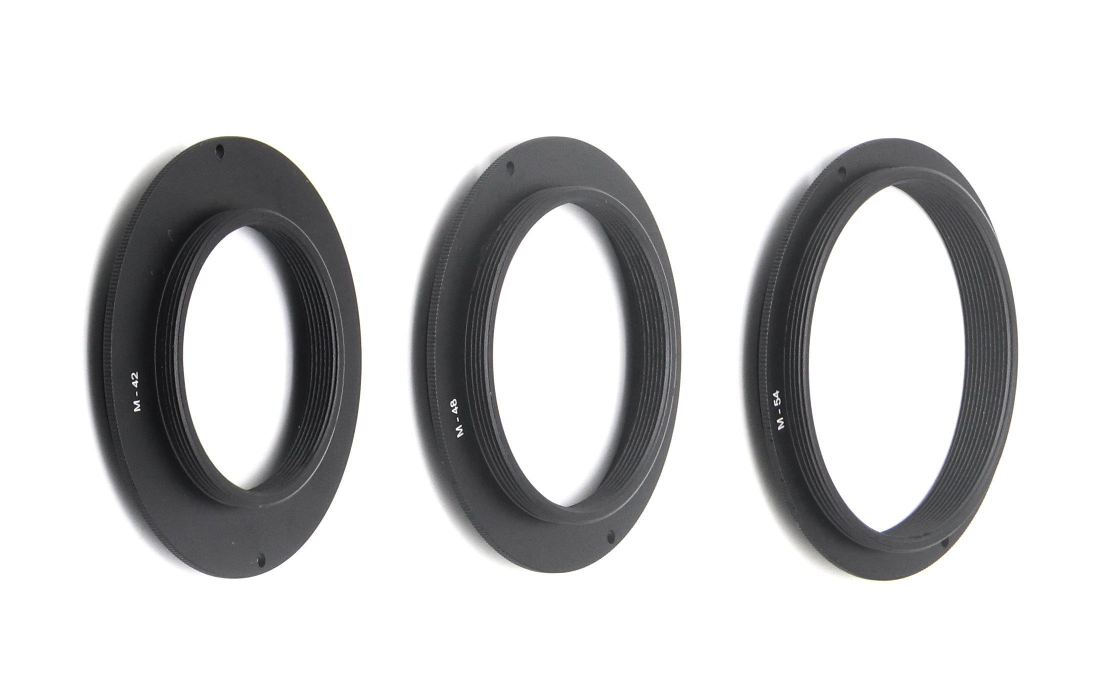 Astroasis filter drawer adapter set showing M42, M48, and M54 threaded adapter rings for astrophotography
