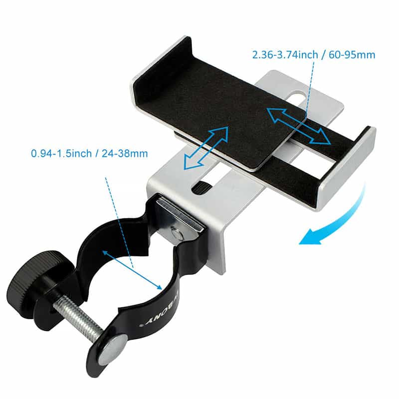 Phone mount with adjustable arm and measurement details on a white background