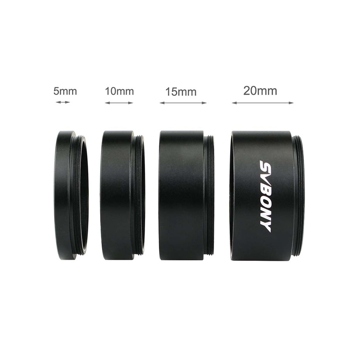 Black lens mount rings with measurements and SvBONY branding on a white background