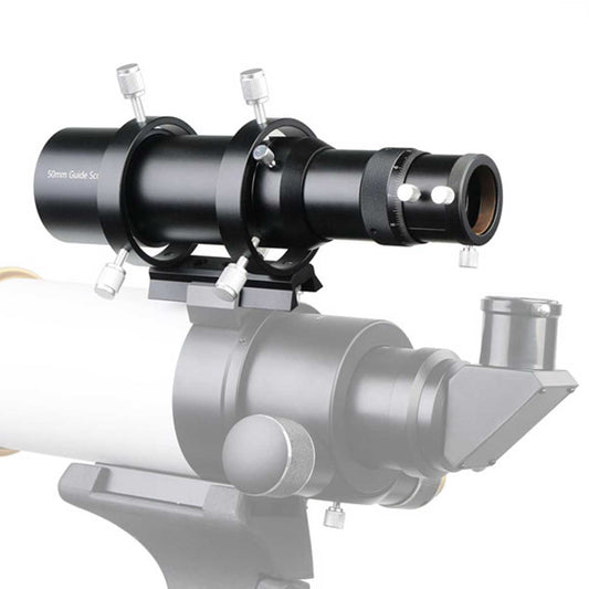 SV106 Guide Scope 50mm with Helical Focuser with attached eyepiece on a white background