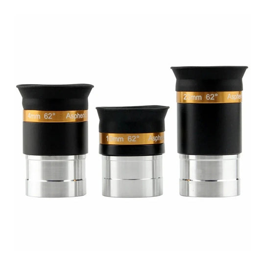 Three Svbony 62` telescope eyepieces with black and silver design on a white background