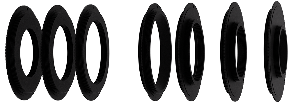 Set of Pegasus Astro Falcon Rotator v2 threaded adapter rings including M54, M48 and M42 sizes arranged on a transparent background
