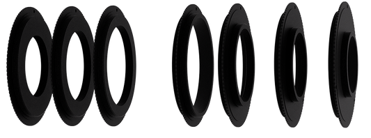 Set of Pegasus Astro Falcon Rotator v2 threaded adapter rings including M54, M48 and M42 sizes arranged on a transparent background