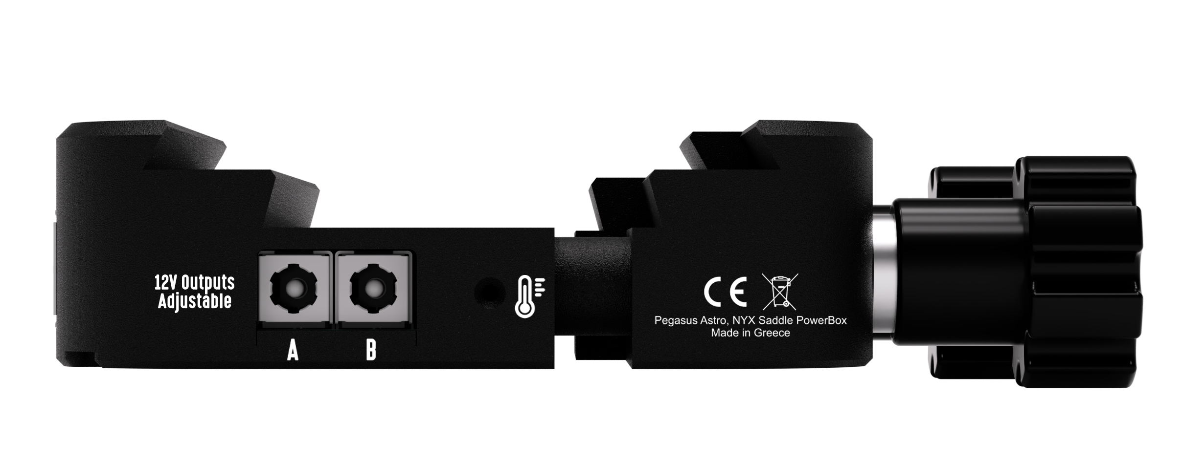 Side panel of the Pegasus Astro Powerbox Saddle showing adjustable 12V outputs labeled A and B with temperature sensor port
