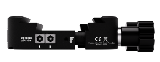 Side panel of the Pegasus Astro Powerbox Saddle showing adjustable 12V outputs labeled A and B with temperature sensor port

