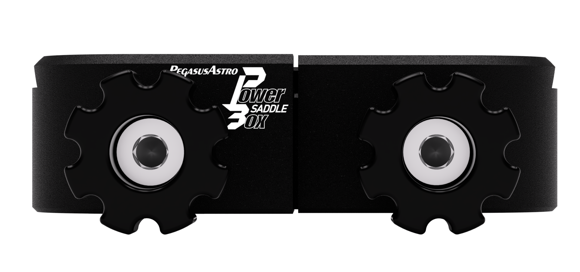 Front view of the Pegasus Astro Powerbox Saddle with dual locking knobs and branding
