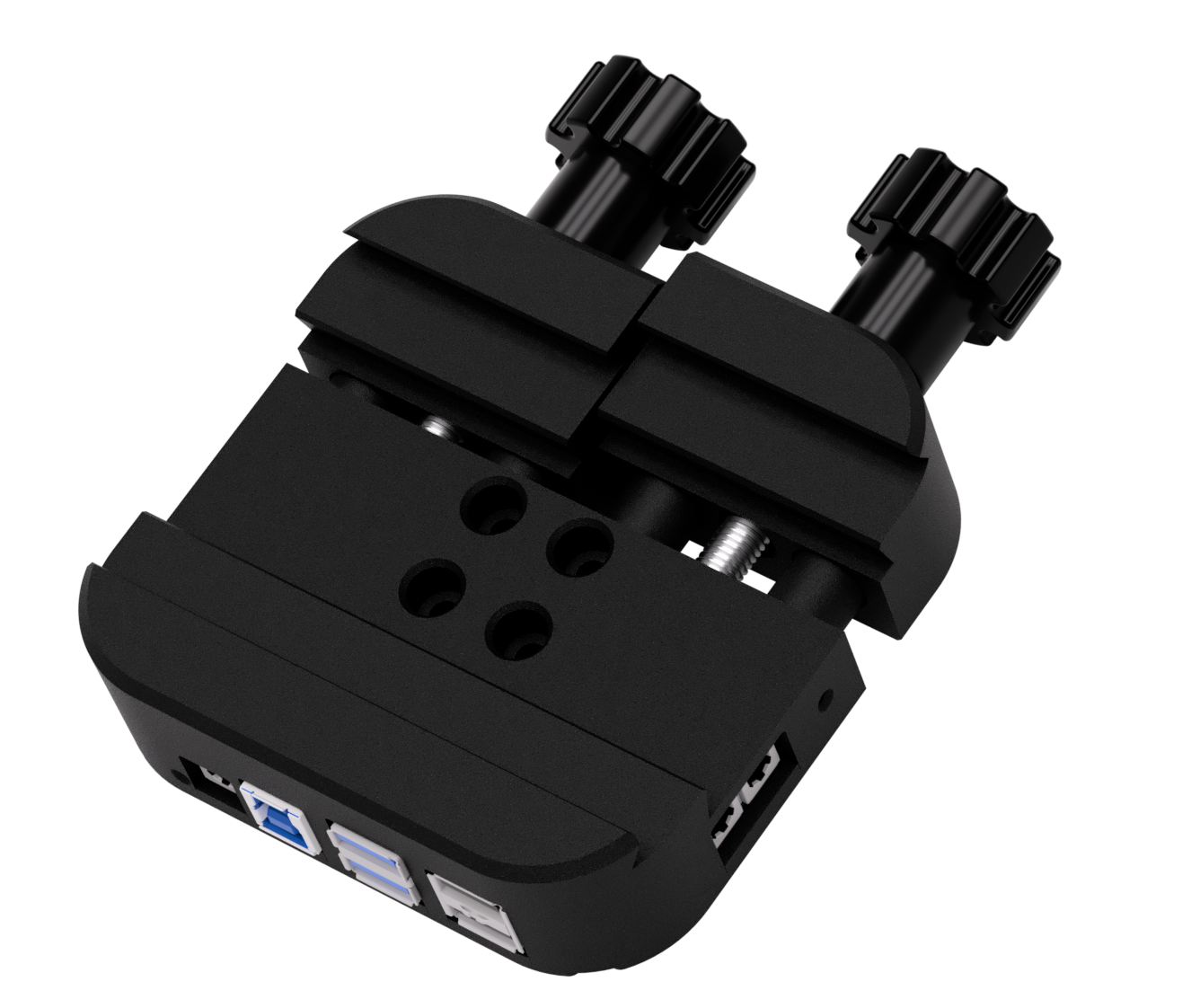 Pegasus Astro Powerbox saddle mount with integrated USB ports and dual locking knobs
