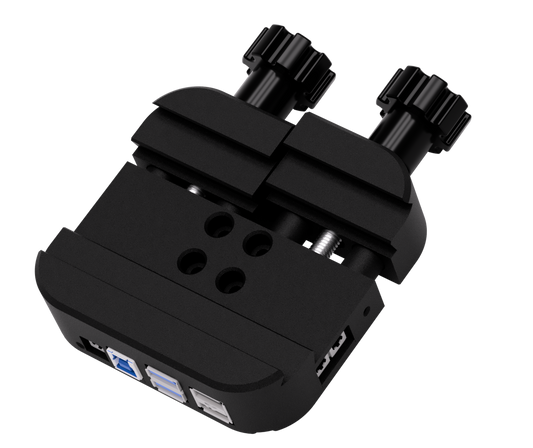 Pegasus Astro Powerbox saddle mount with integrated USB ports and dual locking knobs
