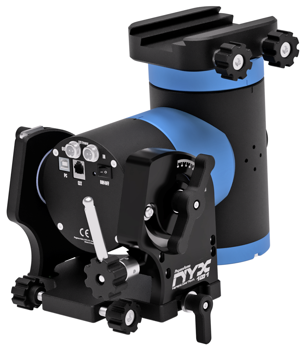 Angled rear view of the Pegasus NYX-101 harmonic mount showing the control panel, ports, and strain-wave drive assembly.
