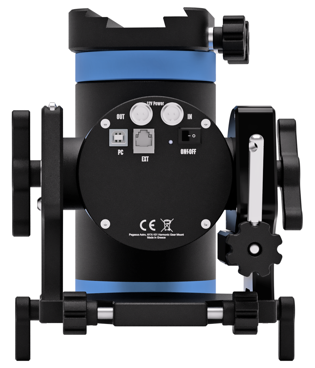 Rear view of the Pegasus NYX-101 harmonic mount showing power ports, USB, ST-4 guiding port, and control panel knobs.