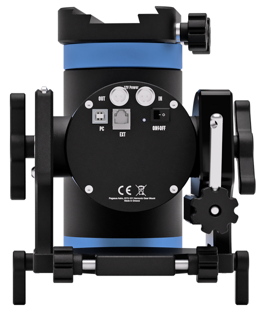Rear view of the Pegasus NYX-101 harmonic mount showing power ports, USB, ST-4 guiding port, and control panel knobs.