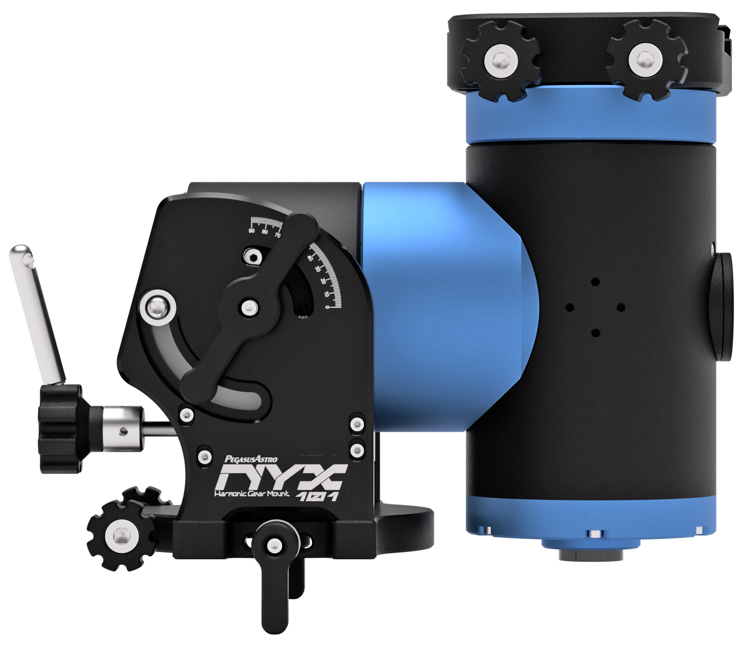 Side view of the Pegasus NYX-101 harmonic mount showing the strain-wave drive housing, declination assembly, and adjustment controls.