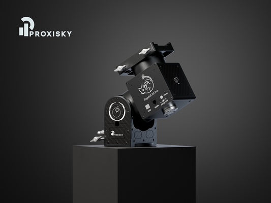 Proxisky robotic equatorial telescope mount on display stand, precision astrophotography tracking system