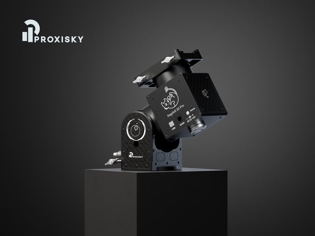 Proxisky robotic equatorial telescope mount on display stand, precision astrophotography tracking system