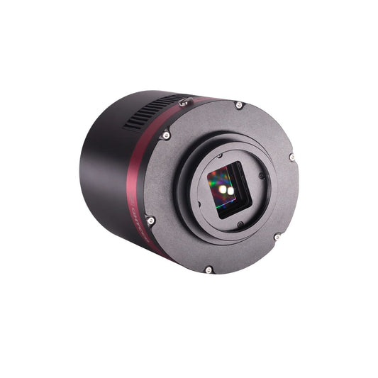 QHY268M-PH mono cooled astrophotography camera showing APS-C sensor on a white background.

