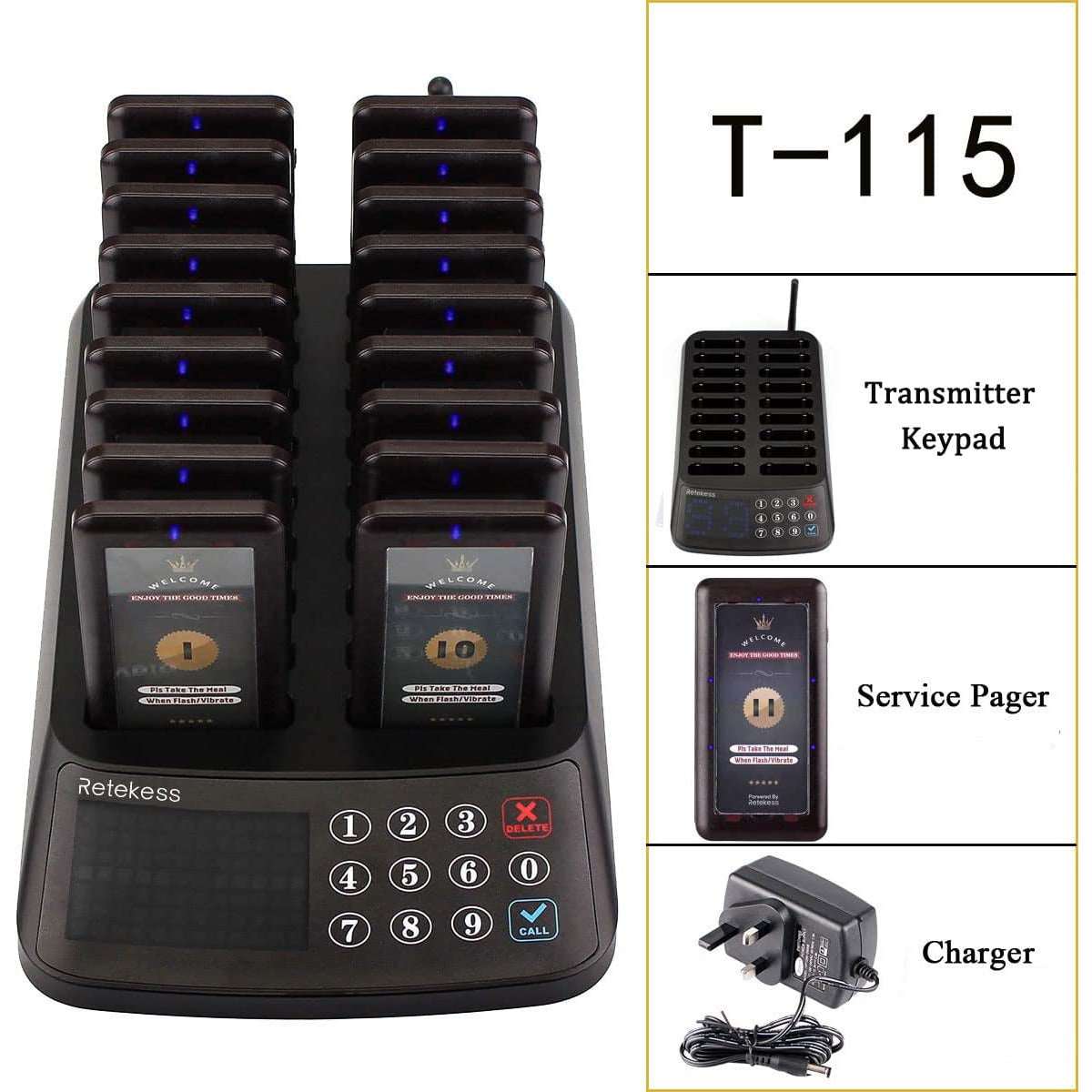 Retekess T115 Restaurant Pager System Buzzers Beepers Restaurant Calling System Waterproof Touch Keypad 18 Beepers Black