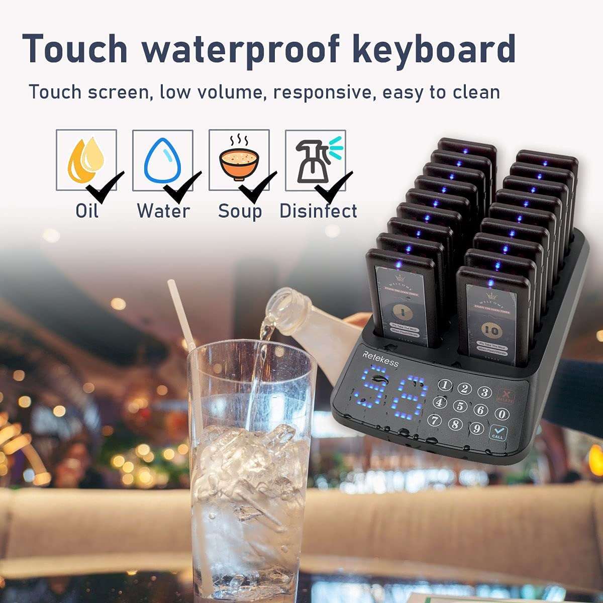 Retekess T115 Restaurant Pager System Buzzers Beepers Restaurant Calling System Waterproof Touch Keypad 18 Beepers