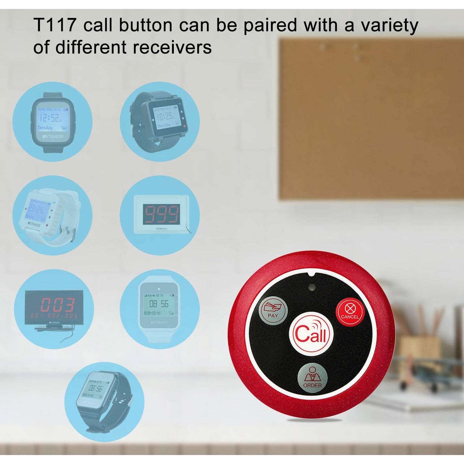 Retekess T117 Pager System Wireless Call Button Transmitter 4 Function Key for T114 Screen TD108 Watch or T128 Watch (5 Pcs)