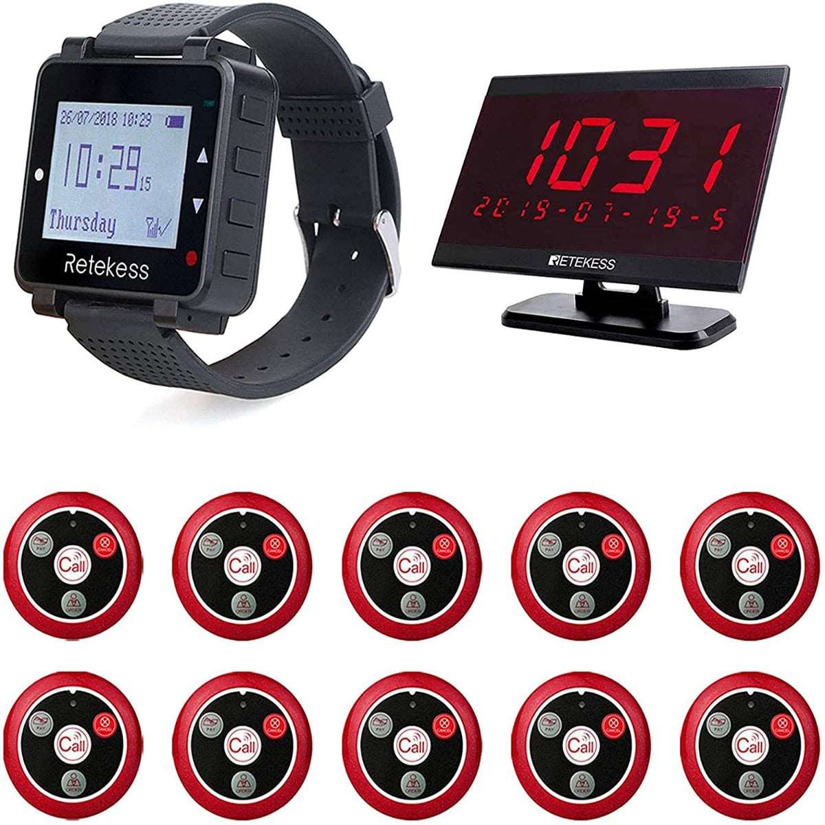 Retekess T128 Pager System, Wireless Calling System Voice Broadcast Modes, Watch Standby 36 Hours for Restaurant Bar. Black