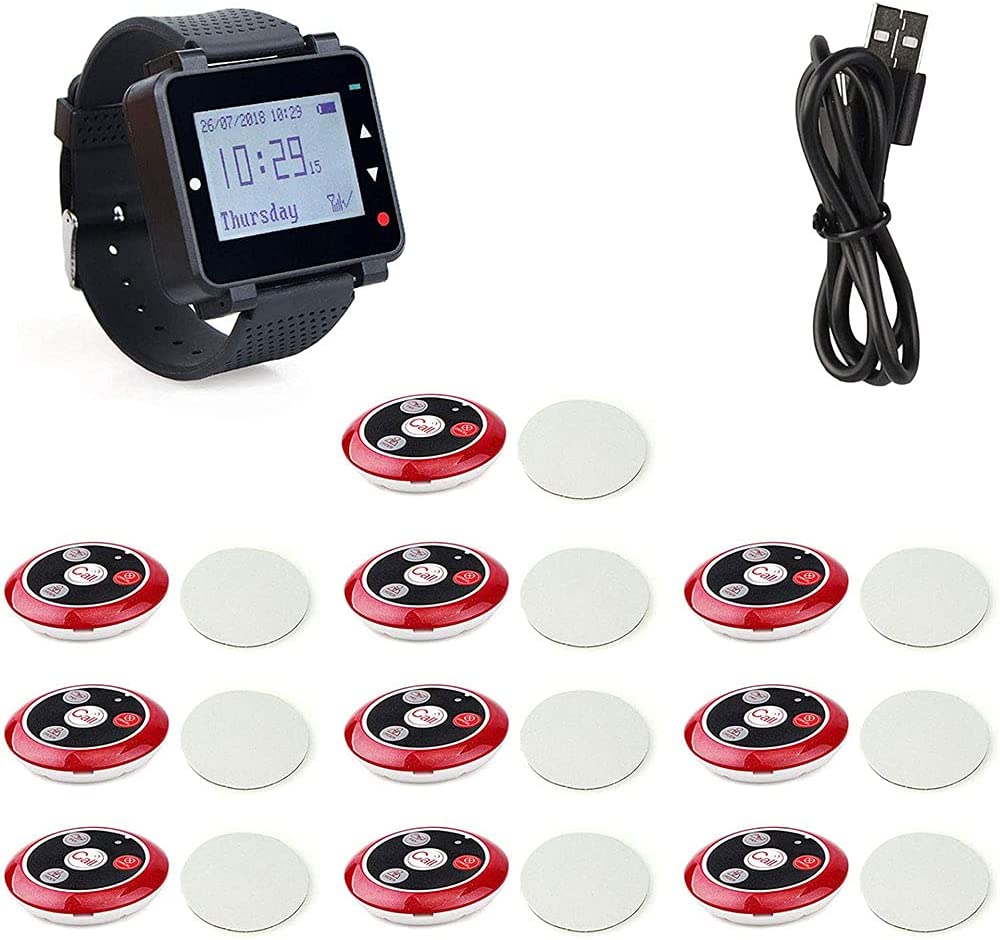 Retekess T128-T117 Restaurant Pager, Wireless Calling Pager, with Three Reminder Modes, 1 Watch Receiver and 10 Customer Call Button