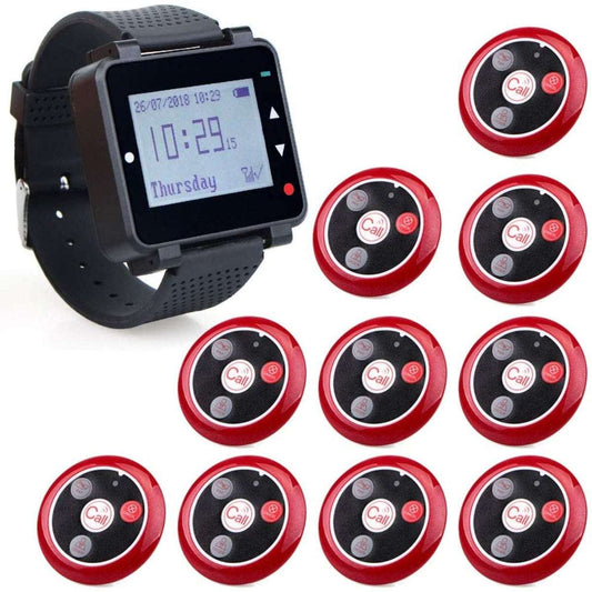 Retekess T128-T117 Restaurant Pager, Wireless Calling Pager, with Three Reminder Modes, 1 Watch Receiver and 10 Customer Call Button Black