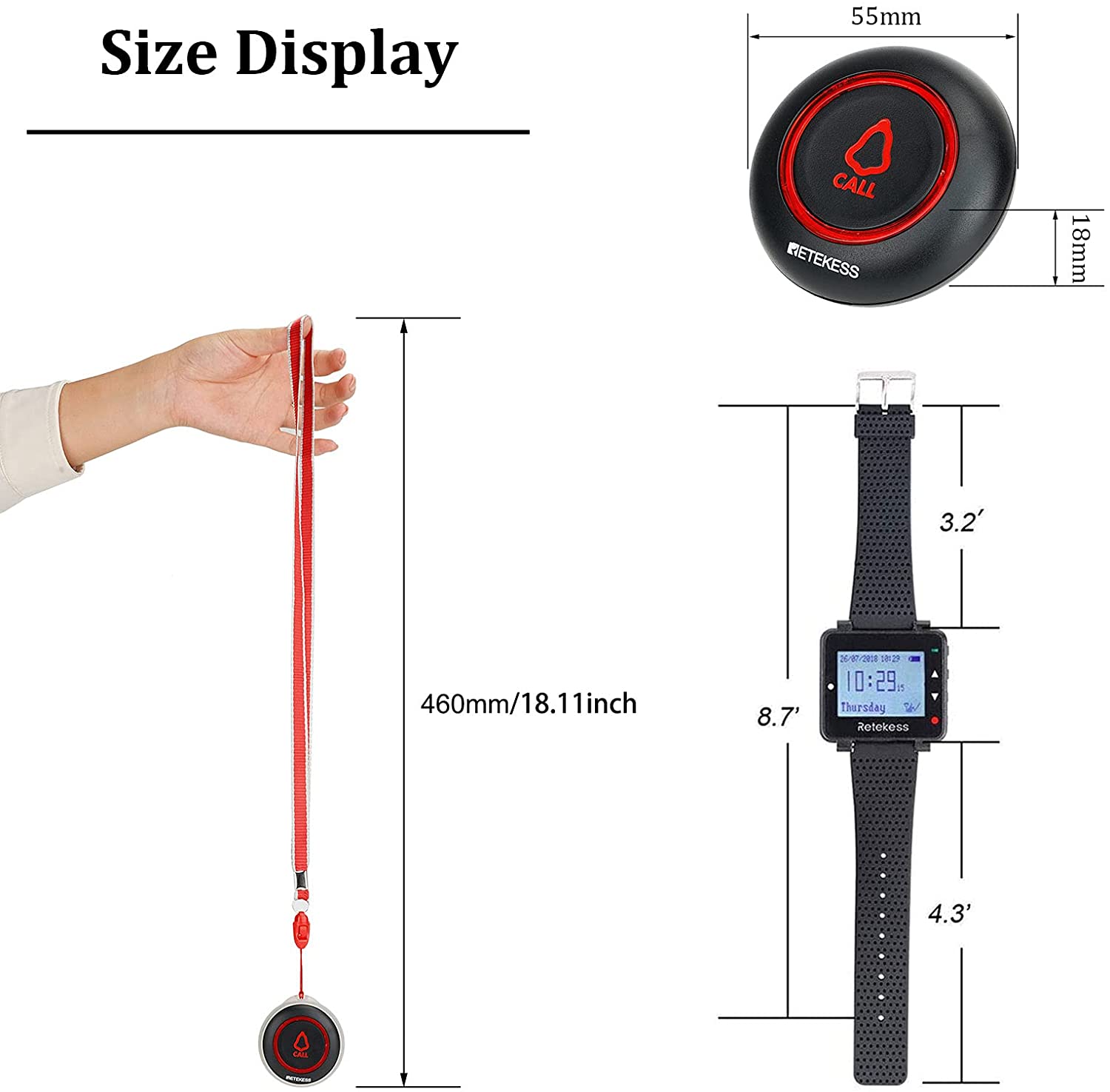 Retekess T128-TD019 Restaurant Pager, Wireless Call System with 3 Reminder Modes, One-Key Call Button 600mAh Built-in Battery for Restaurants, Bars