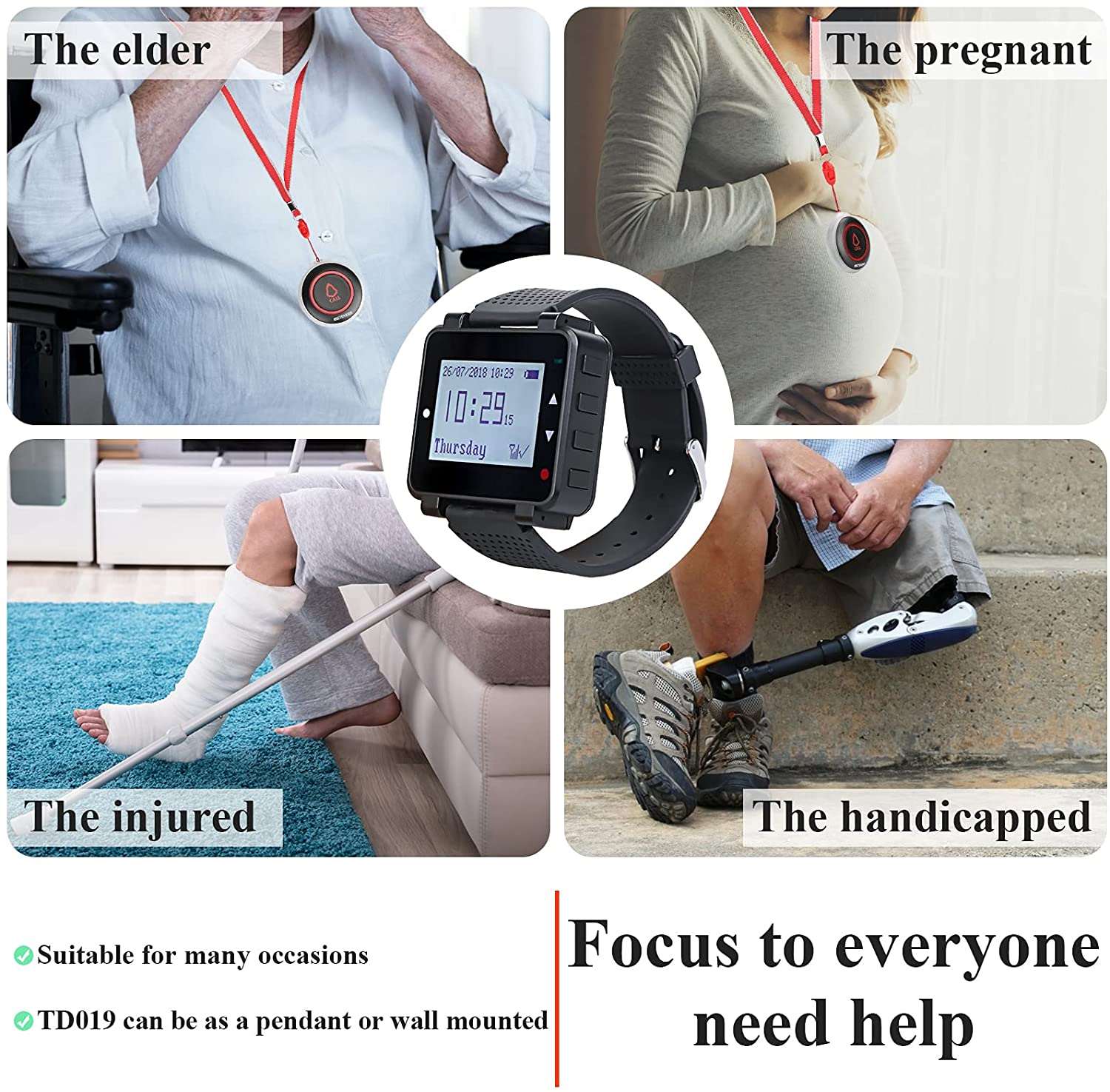 Retekess T128-TD019 Wireless Caregiver Pager Alert System Emergency Call Button with 600mAh Built-in Battery