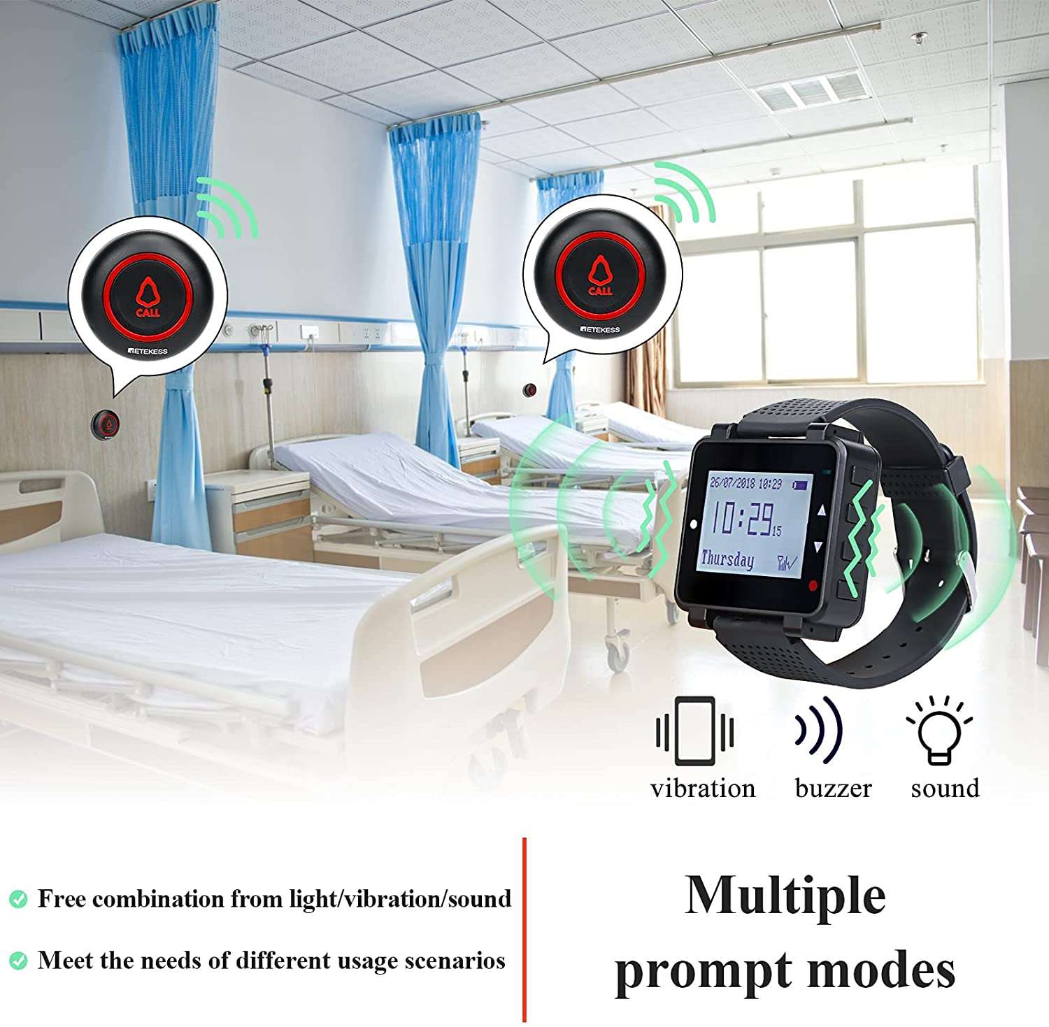 Retekess T128-TD019 Wireless Caregiver Pager Alert System Emergency Call Button with 600mAh Built-in Battery