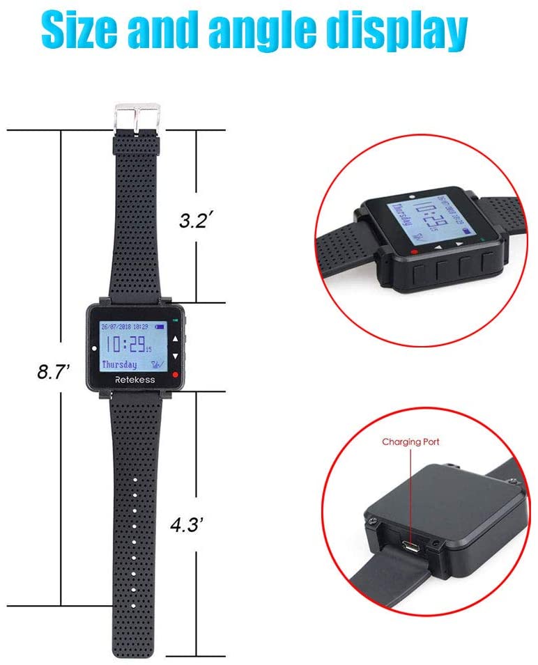 Retekess T128 Wireless Caregiver Pager Waiter Watch Receiver for TD007 and T117 Button