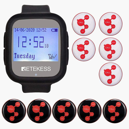 Retekess TD106-TD010 Wireless Pager System Watch Receiver with 4-Key Wireless Calling Button 433Mhz 100 Meters Launch Distance Black White