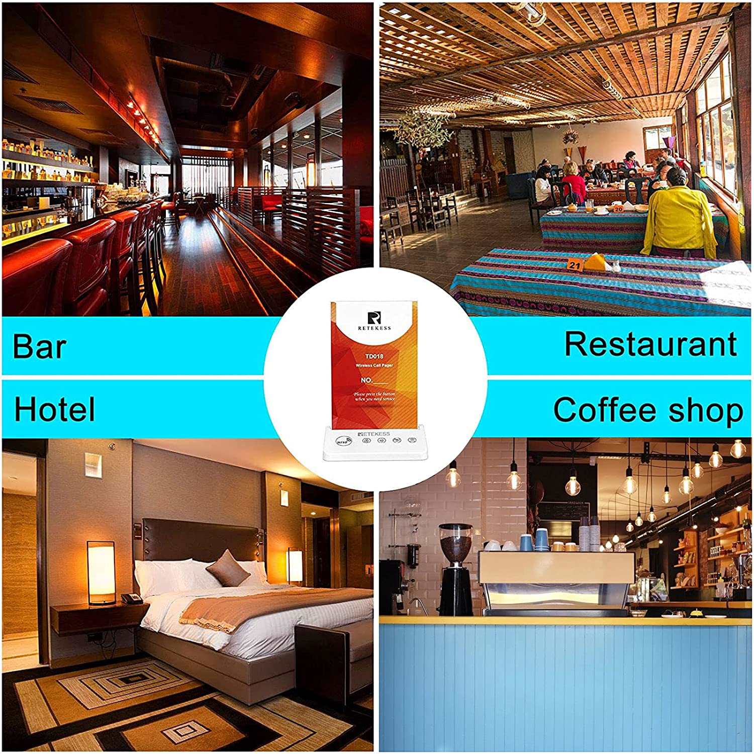 Retekess TD124-TD018 Restaurant Pager System, 9 Pagers Wireless Calling System 4 Prompt Methods, 6-Level Volume Adjustment