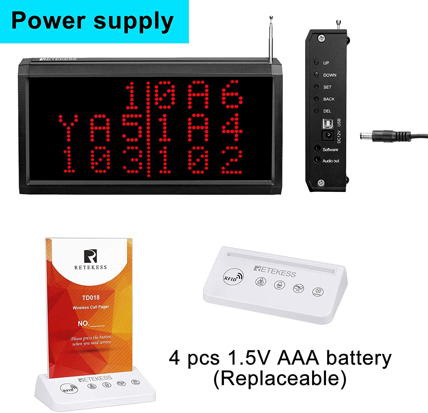 Retekess TD124-TD018 Restaurant Pager System, 9 Pagers Wireless Calling System 4 Prompt Methods, 6-Level Volume Adjustment