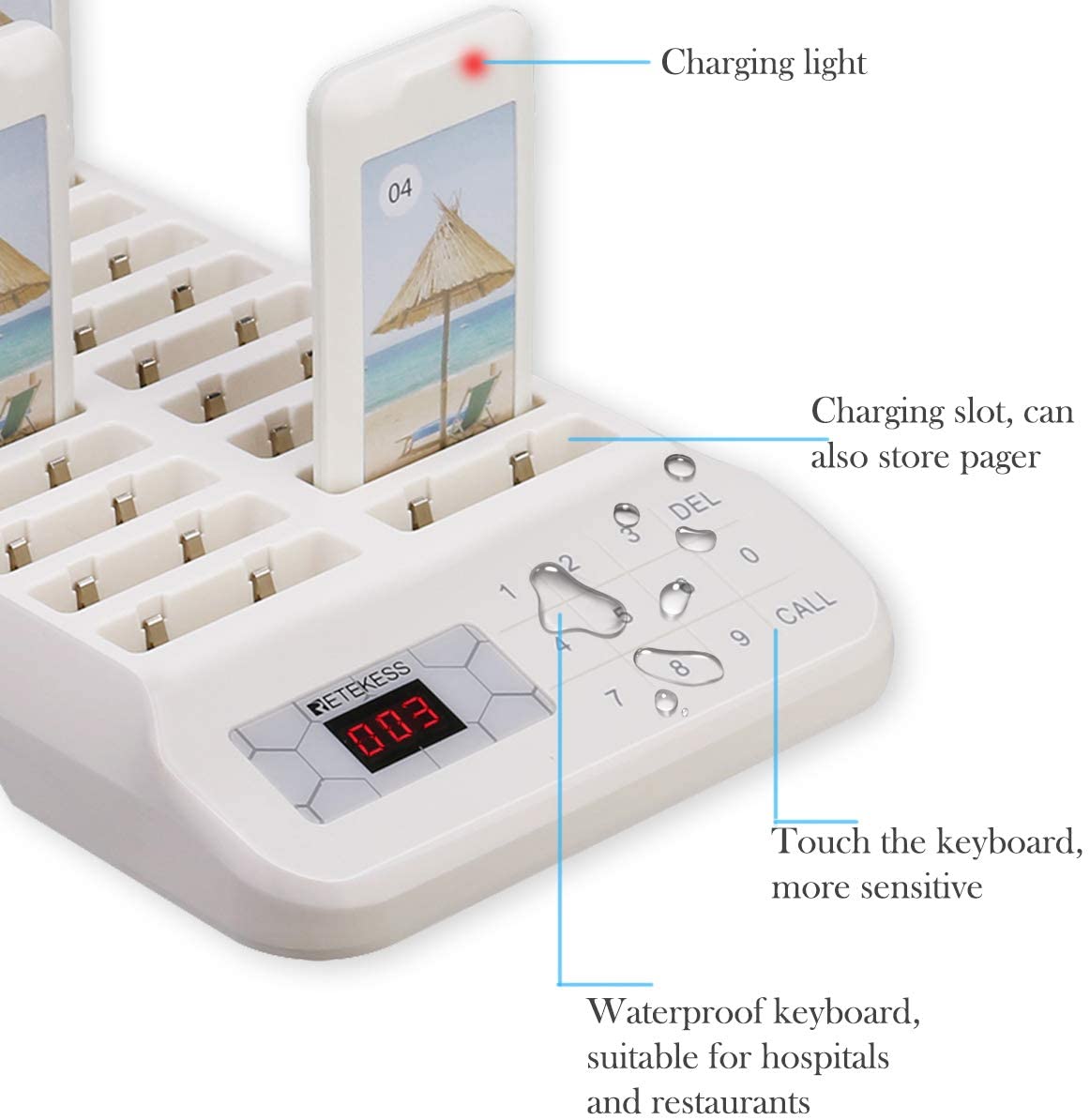 Retekess TD172 Pager System, Wireless Calling System, 1-999s Adjustable, Guest Stop Beeping, 20 pagers, 300mAh 20H 2 Calling Modes, 400M