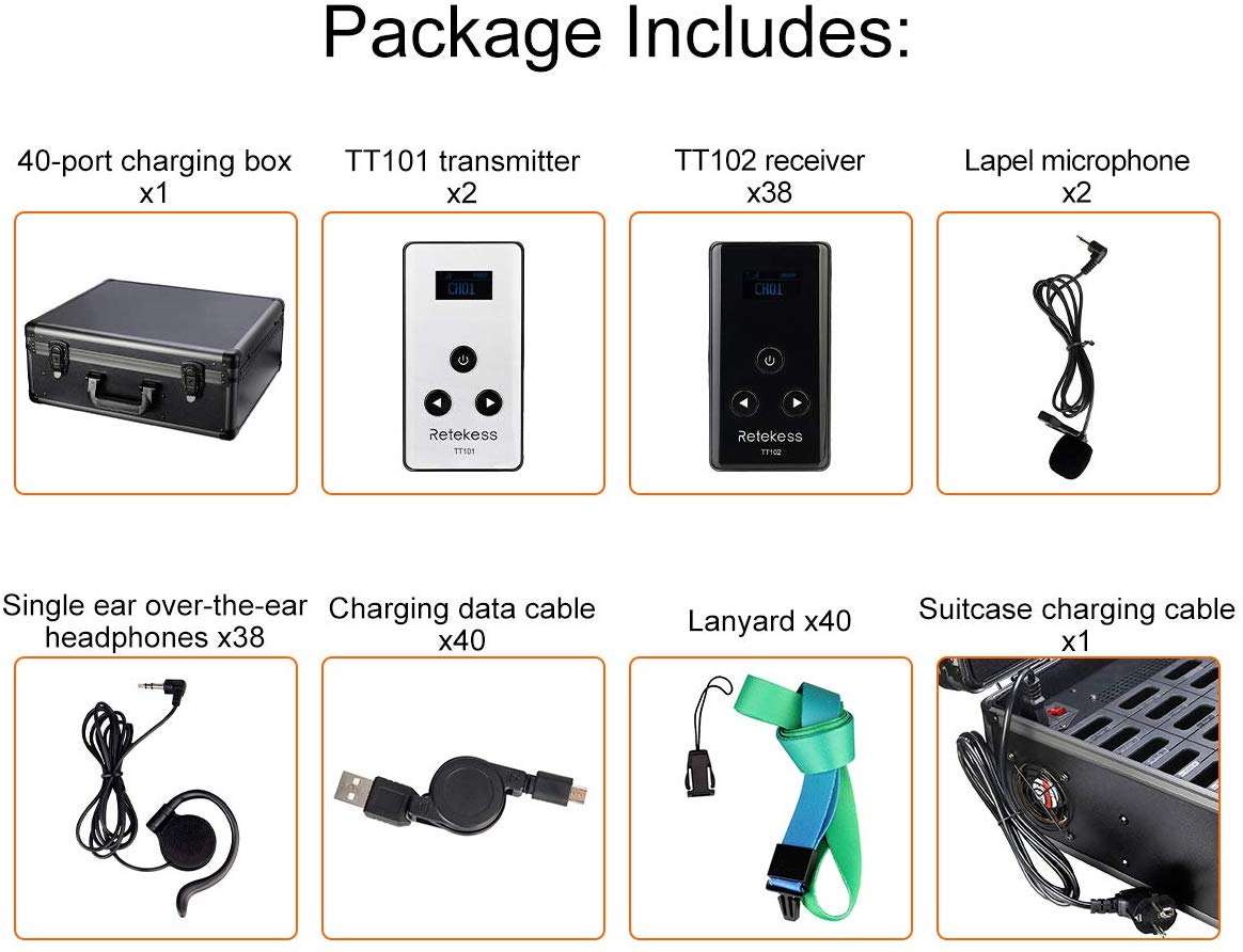 Retekess TT101/TT102 Wireless Tour Guide System Long Standby Time with 40 Slot Charging Case