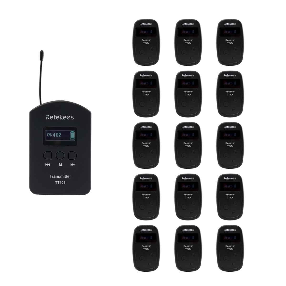 Retekess TT103 Wireless Tour Guide System Translation System 1 Transmitter and 15 Receivers