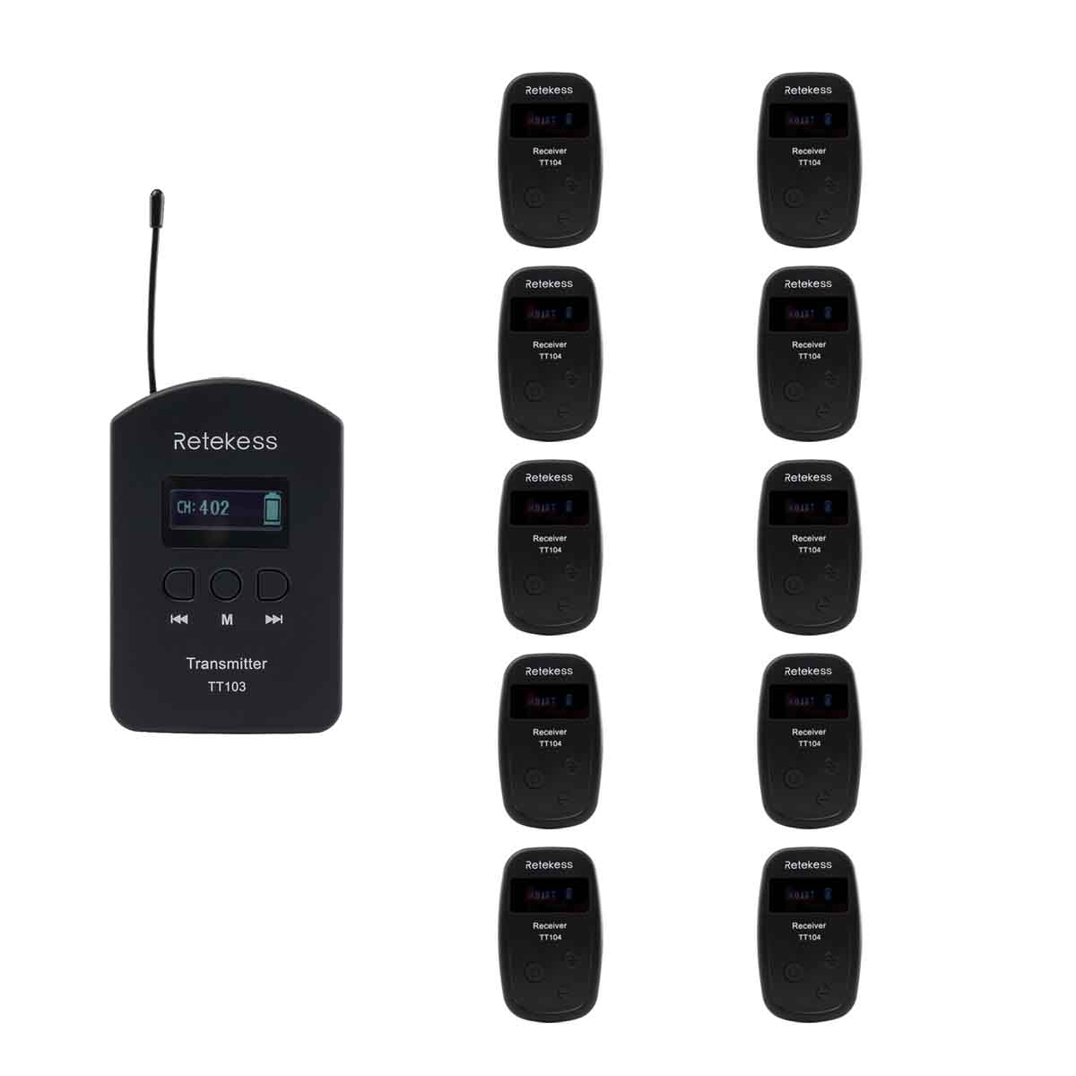 Retekess TT103 Wireless Tour Guide System Translation System 1 Transmitter and 10 Receivers