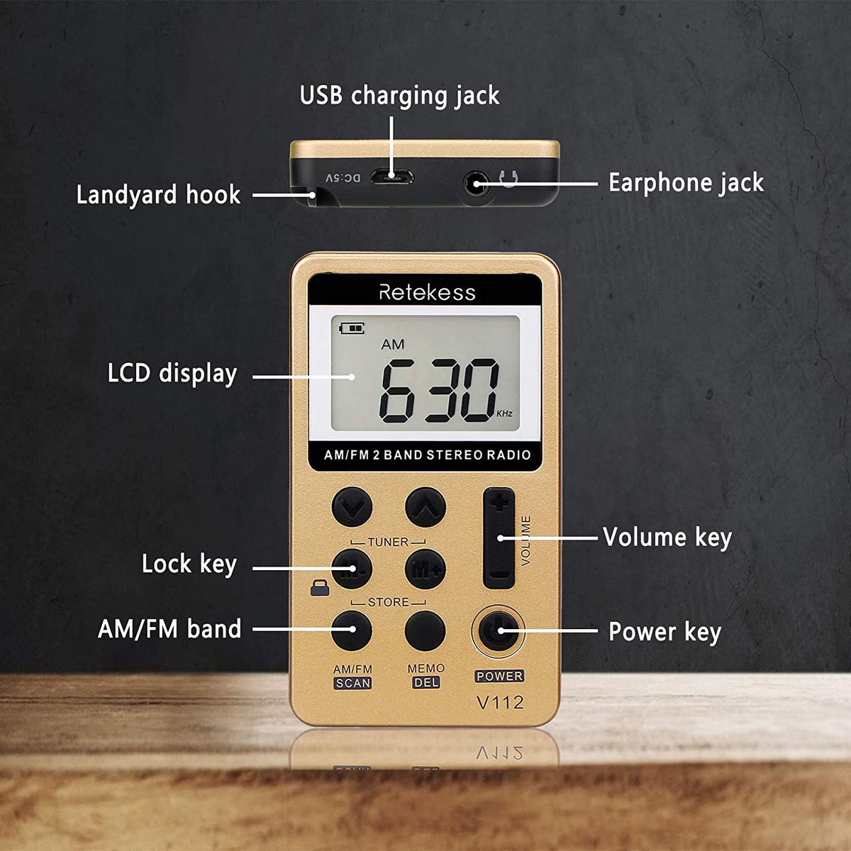 Retekess V112 Pocket Radio with Earphones, AM FM Radio Mini Receiver with Sleep Timer USB Rechargeable Battery