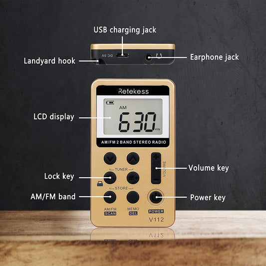 Retekess V112 Pocket Radio with Earphones, AM FM Radio Mini Receiver with Sleep Timer USB Rechargeable Battery