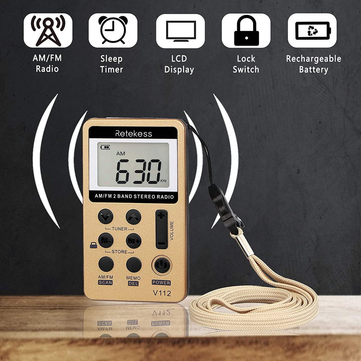 Retekess V112 Pocket Radio with Earphones, AM FM Radio Mini Receiver with Sleep Timer USB Rechargeable Battery