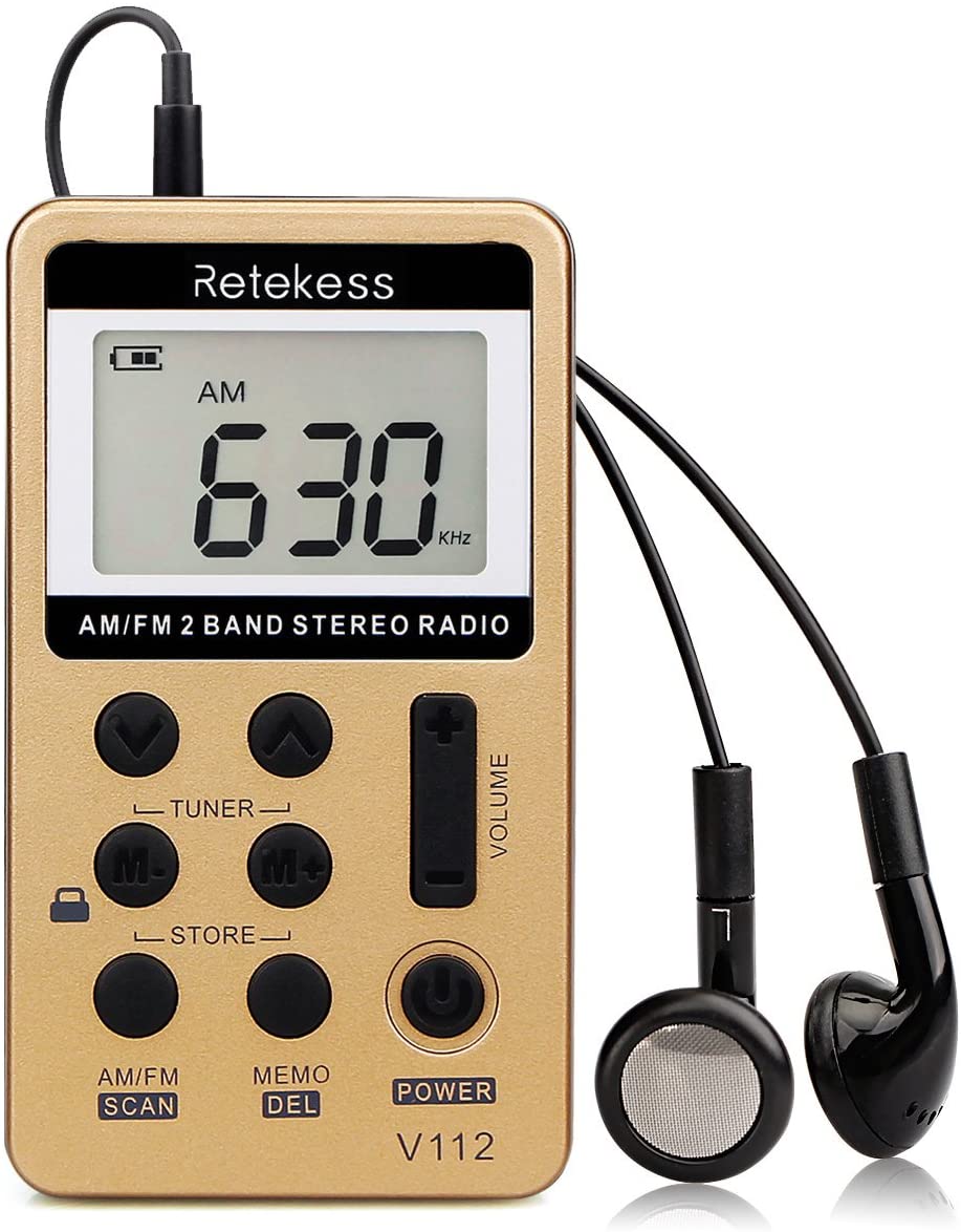 Retekess V112 Pocket Radio with Earphones, AM FM Radio Mini Receiver with Sleep Timer USB Rechargeable Battery Gold