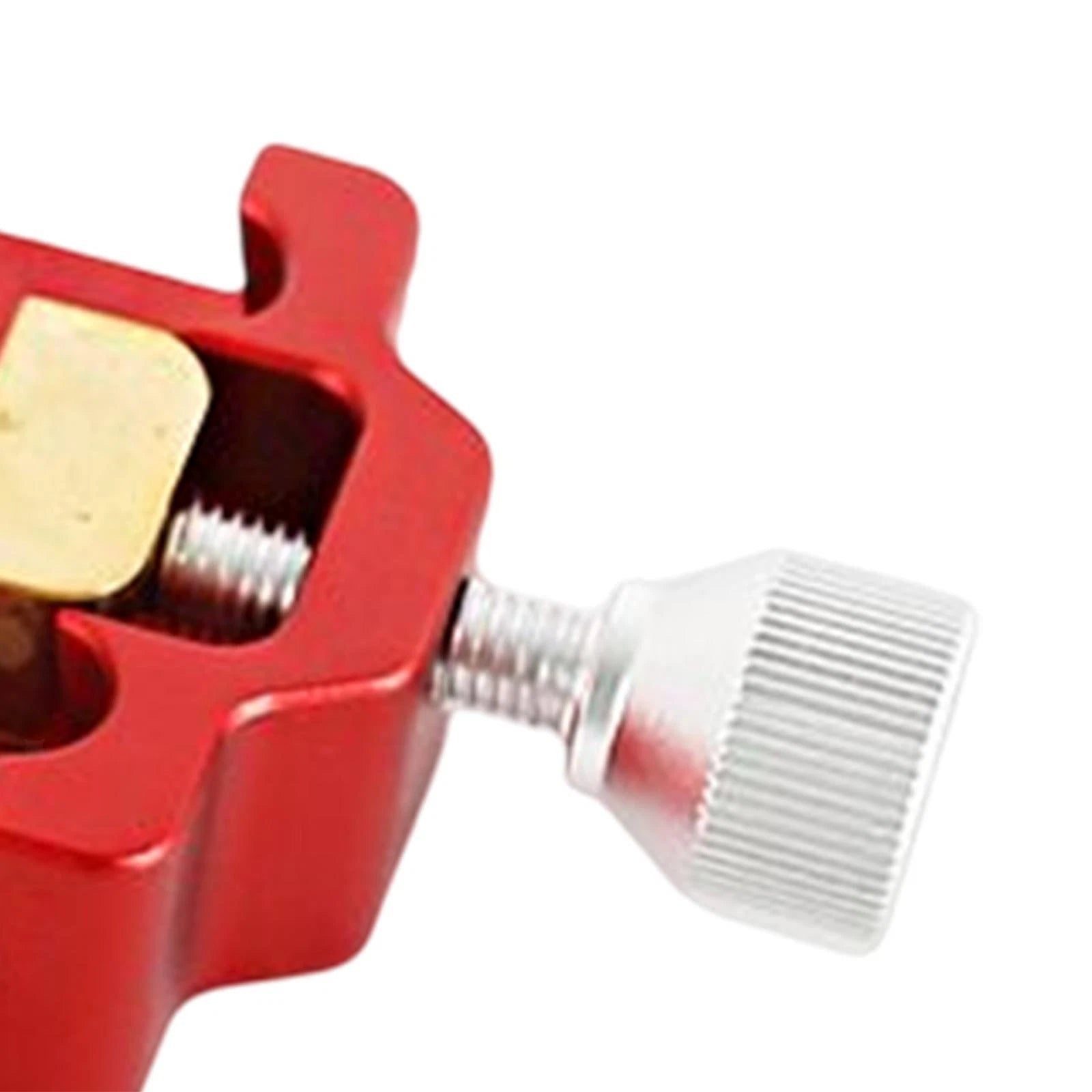 Close-up of  Dark Clear Skies small Dovetail Clamp with a white thumbscrew on a white background