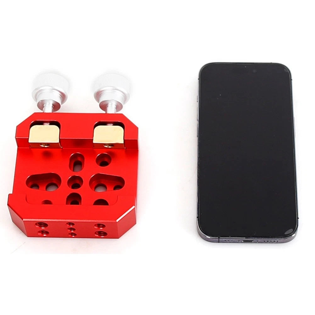 red Dual Losmandy/vixen Plate Metal Dovetail Slot with 2 Locking Screws  showing size compared to a smartphone