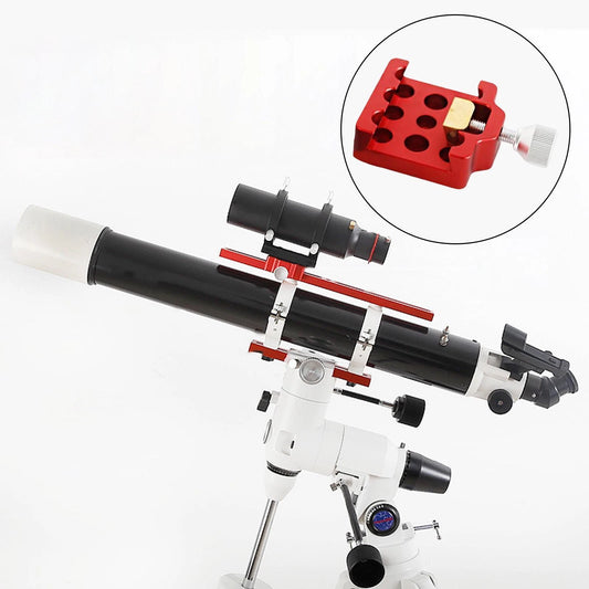 Dark Clear Skies small Dovetail Clamp  a close-up inset of a red eyepiece holder on a white background