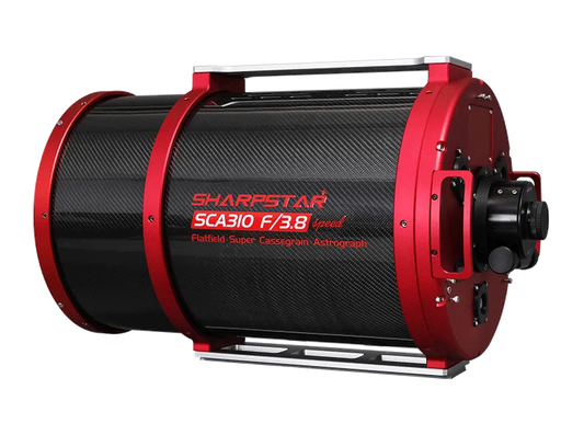Rear view of the SCA310 f/3.8 Cassegrain astrograph showing focuser and rear housing
