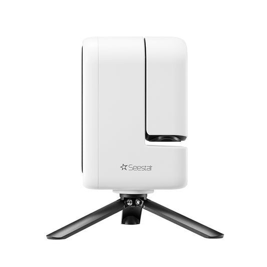 Seestar S30 Pro smart telescope on tripod, compact all-in-one automated astronomy camera.
