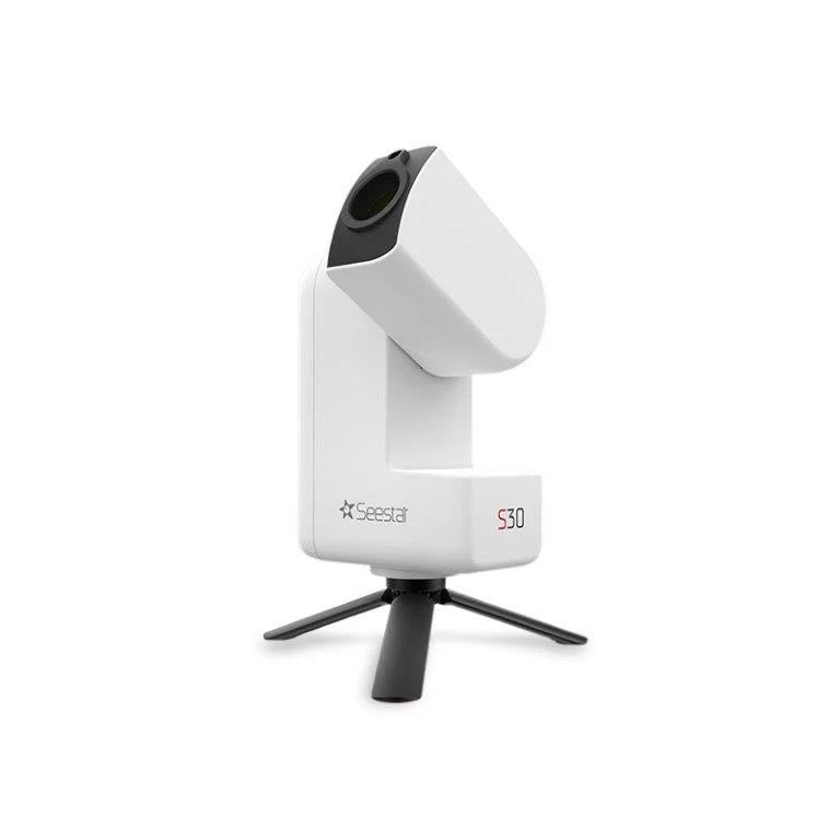 Angled view of ZWO Seestar S30 smart telescope with tripod on white background